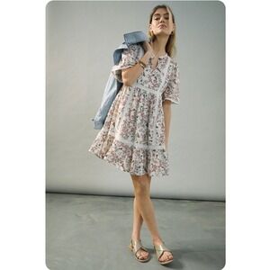 Anthropologie Lori Tunic‎ Dress Size S Floral White Prairie Cottagecore Romantic